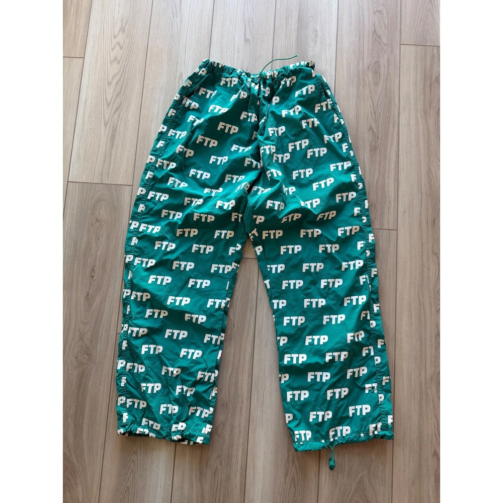 FTP Track Pants Mens XXL Green All Over Print Logo Joggers Drawstring Toggles